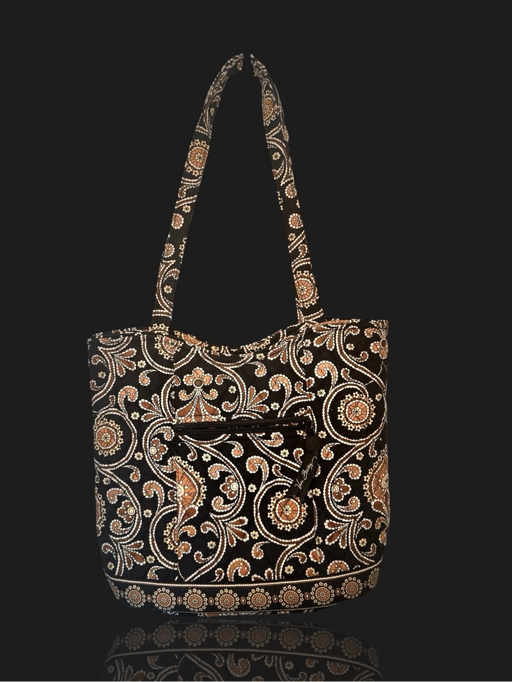 Vera Bradley Café Latte Tote Bag EUC Quilted Paisley Black Brown + Bonus Pouch - Picture 2 of 6